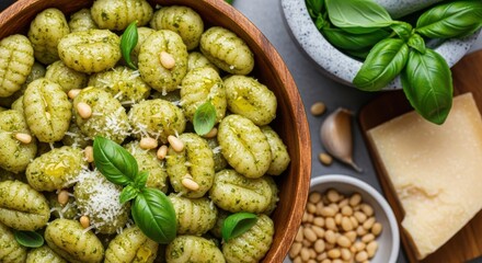 Delicious homemade gnocchi with pesto sauce, parmesan, basil and pine nuts, served in a wooden bowl