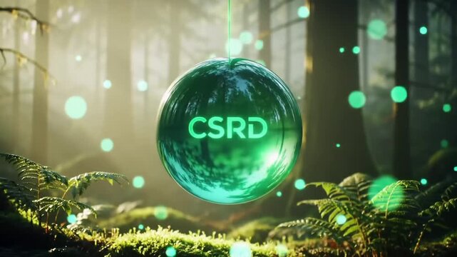 Corporate Sustainability Reporting Directive (CSRD) in nature Illustration of green energy, ecological balance, and environmental responsibility with digital globe concept  within the forest