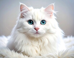 Fototapeta premium Fluffy white cat with bright blue eyes