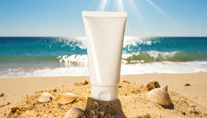 White tube on sandy beach with ocean waves and sun rays