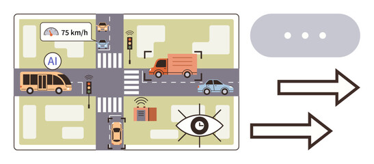 Autonomous vehicles navigate urban intersections with real-time AI control, data integration, and safety systems. Ideal for urban planning, smart cities, technology, safety, automation, innovation
