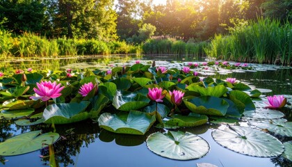 Pink water lilies bloom on a tranquil pond amidst lush green foliage, bathed in golden sunlight