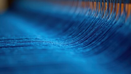 Smooth blue thread interlacing on modern loom , textile, industry, yarn