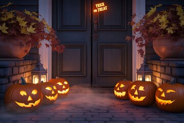 Obraz premium Spooky jack-o'-lanterns illuminate a welcoming halloween night scene outdoors