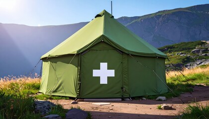 Green canvas medical tent with a white cross in a mountainous landscape