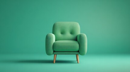Modern Green Upholstered Armchair in Minimalist Teal Space