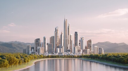 Fototapeta premium Modern city skyline with skyscrapers by river and mountains at sunset