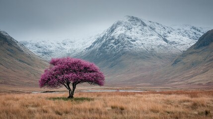 Solitary pink tree in snowy mountain valley