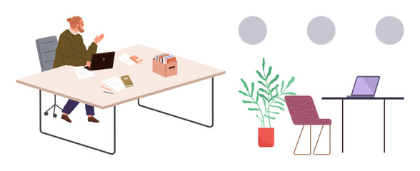 Office worker seated at desk with a laptop and files, nearby a potted plant and chair setup. Ideal for productivity, workspace design, efficiency, organization, remote work, creativity, simple flat