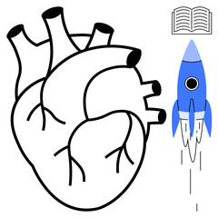 Anatomical heart drawing paired with a blue rocket and open book symbolizing knowledge, curiosity, innovation, education, aspiration, exploration, and growth. A simple flat metaphor