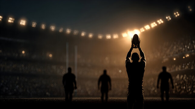 Silhouetted Rugby Players Celebrating with Rugby Ball Under Bright Stadium Lights During Match
