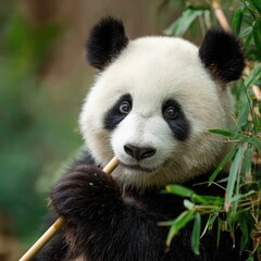 Obraz premium A panda munching on bamboo in a stock photo. --