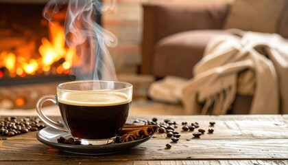 Steaming coffee cup with spices on wooden table by fireplace. Cozy home scene