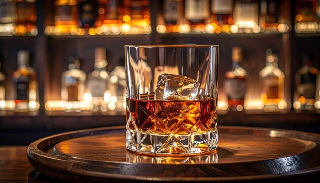A rocks glass of amber liquor with ice sits on a wooden tray against a backlit bar
