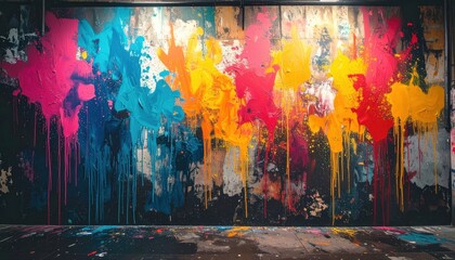 Vibrant paint splatters and drips streak down a dark wall in an artistic indoor space