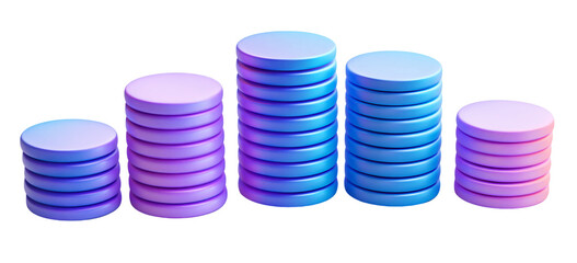 3D Render of a row of four stacks of disks with a gradient of purple to blue on a transparent background, PNG