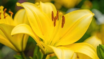Obraz premium Close-up of a vibrant yellow lily flower with prominent stamens