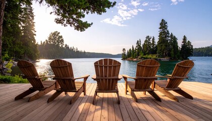 Obraz premium Four wooden Adirondack chairs on a dock overlooking a tranquil lake at sunrise