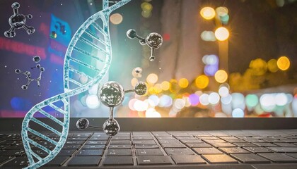 DNA helix and molecules hover above a laptop keyboard against a blurred city lights backdrop