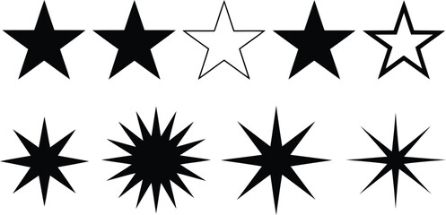 Assorted Starry Collection Featuring Classic Five Point Stars and Multi Pointed Stars in Both Solid and Outline Forms on White