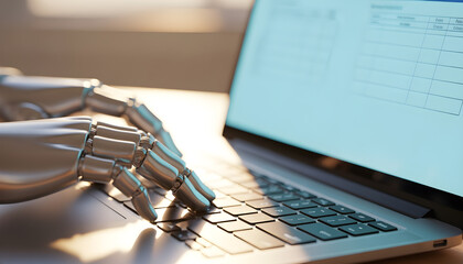 Close up robotic hands typing on laptop keyboard with blurred digital screen