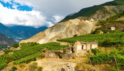 Crumbling stone ruins nestled among hillside vineyards with majestic mountains rising in the backdrop