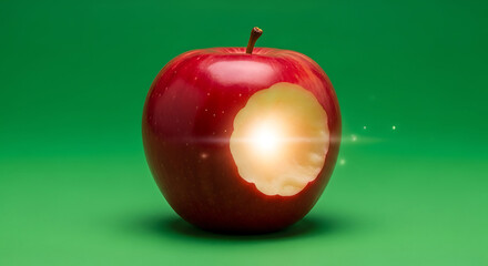 Juicy Red Apple with a Bite Taken Out, Glowing with Energy on a Green Background
