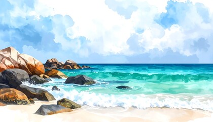 A vibrant seascape painting showcases a tranquil beach scene with large rocks and turquoise waves crashing on the shore.