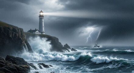 Stormy seas lighthouse guiding light through tempestuous weather