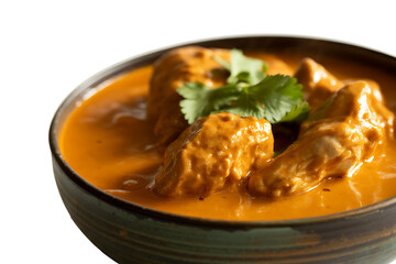 Closeup shot of delicious butter chicken served in a ceramic bowl garnished with coriander over white