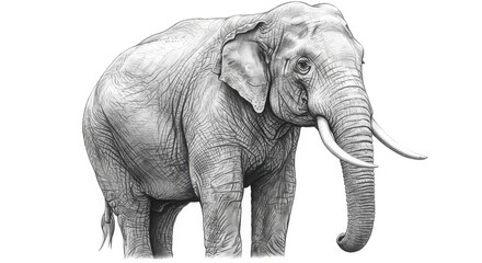 Detailed pencil drawing of a large adult elephant with prominent tusks, standing in a side profile.