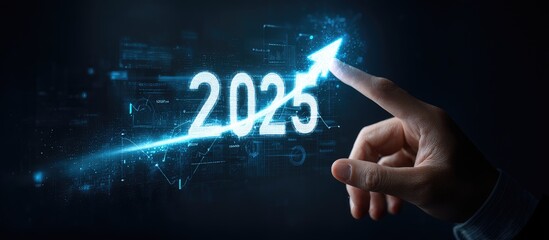 Hand pointing to a glowing 2025 year with an upward trend arrow over a dark background with digital graphics