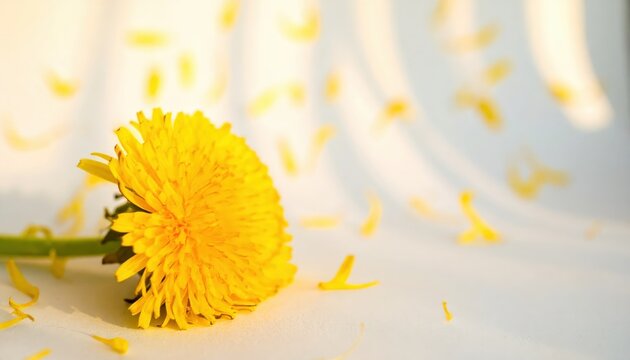 A vibrant yellow dandelion with loose petals rests on a bright white surface