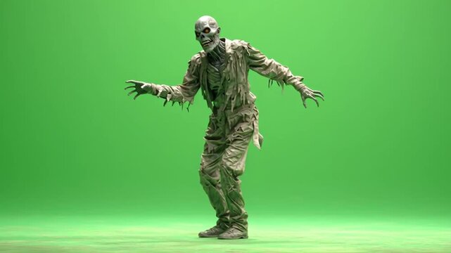 Zombie walking on a green screen wearing tattered clothes with arms outstretched and menacing expression green screen halloween video