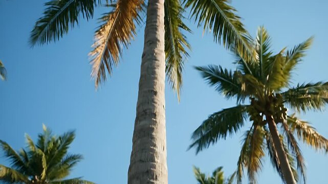 Tall palm trees with green fronds reaching towards a clear blue sky on a sunny day.