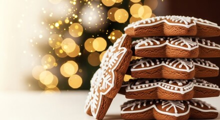 Delicious christmas gingerbread cookies stack with festive holiday background