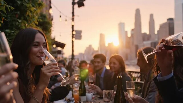 Group of people at party celebrating, cheering and raising glasses of sparking wine at sunset in the street restaurant with scenic view of the city