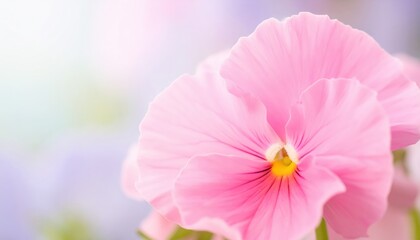 Soft focus close-up of a delicate pink pansy blossom with a yellow center