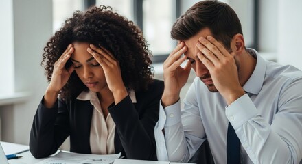 Stressed business team feeling headache from financial crisis at office desk