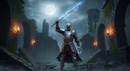 Naklejka premium Knight with glowing sword stands victorious in ancient ruins under moonlight
