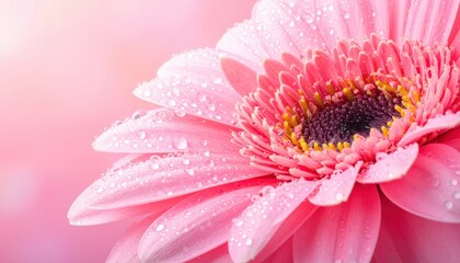 Close-up of a pink daisy flower with glistening water droplets on its petals