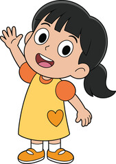 Cute cartoon girl with black hair waving hand, wearing yellow dress with heart, smiling happily, isolated on white background, vector illustration