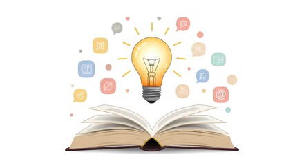 An open book with a glowing light bulb symbolizing knowledge, ideas, and learning, surrounded by various thought and communication icons.