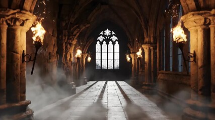 A dimly lit, gothic cathedral hallway, illuminated by flaming torches, with a large stained-glass window. - Powered by Adobe