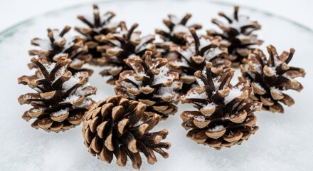 Pinecones with Frost on White Surface for Winter Decoration