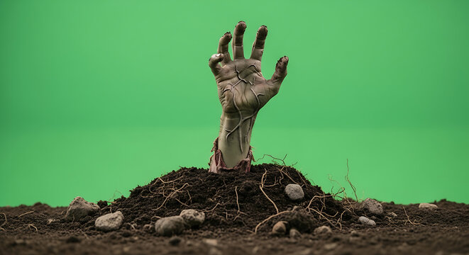 Zombie hand emerging from grave on green screen background, horror concept - Powered by Adobe