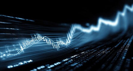Abstract financial data visualization.  A dynamic graphic of flowing, light blue data points and lines, suggesting stock market fluctuations, displayed against a dark background with text data