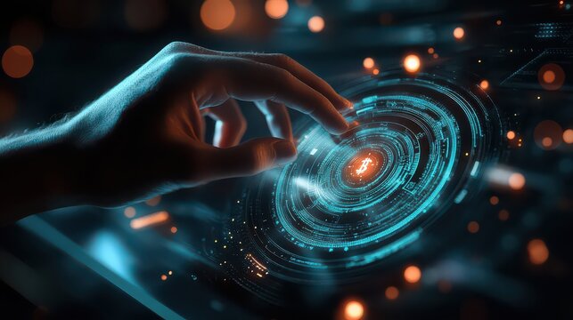 A hand touching a digital interface with a bitcoin symbol in the center in a dark futuristic setting