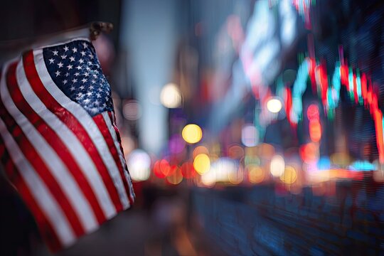 American flag in a city at night, financial data overlay - Powered by Adobe