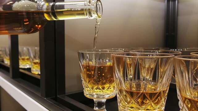 Modern liquor store with fine wines closeup concept. A bottle pours a golden liqueur into crystal glasses on display.